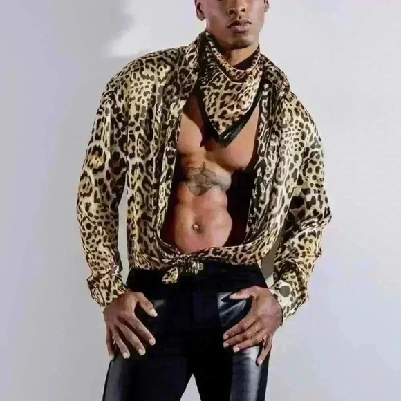 Orttu Justin Shirt w/matching Scarf‎ Silky satin with bold jaguar print Sz Large - Picture 1 of 6